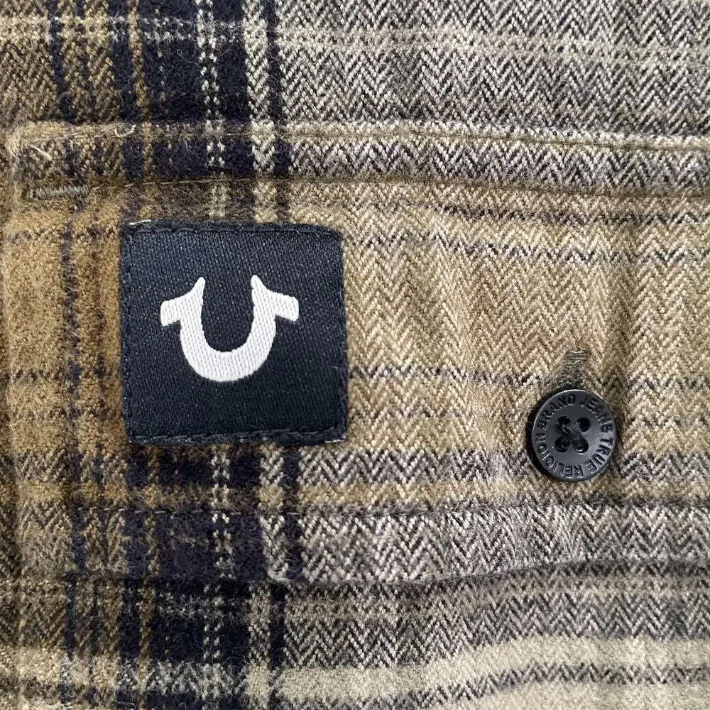 True Religion Shirt Adult Large Brown Flannel Long Sleeve Triple Needle Mens L
